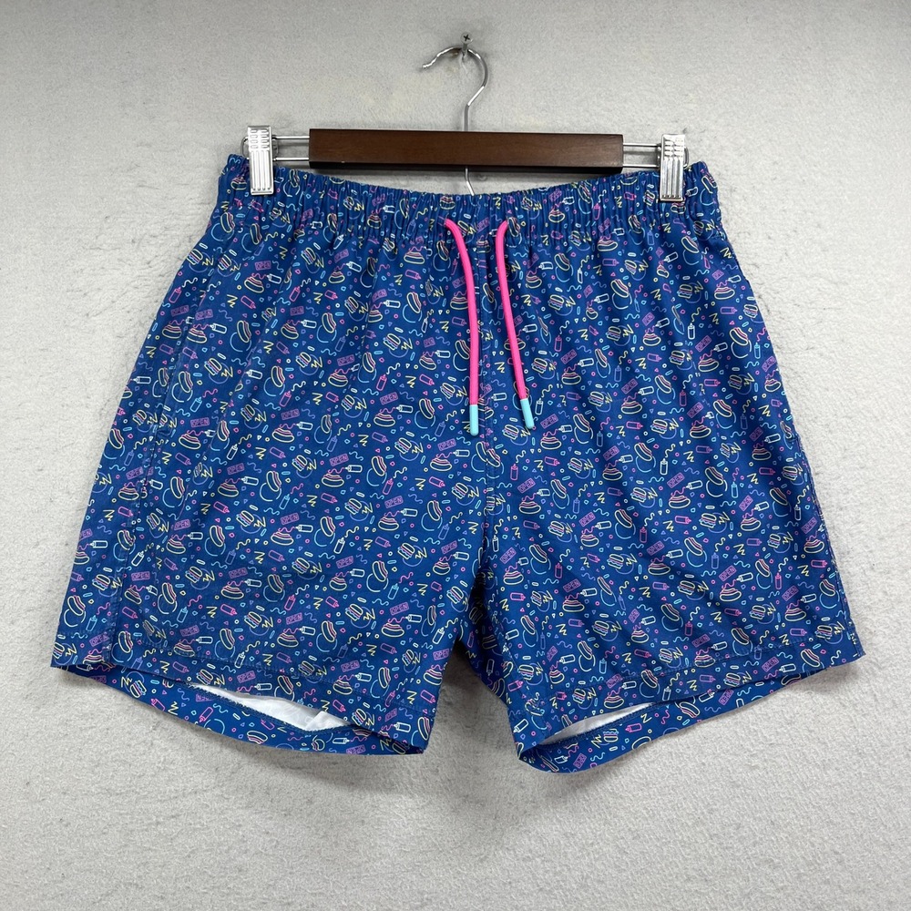 SSCO Swim Shorts Mens Small Blue Fast Food Neon Print Trunks Retro Pool Beach